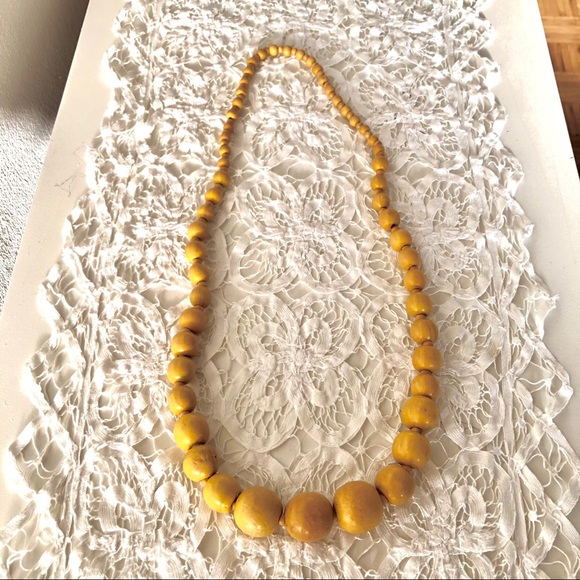 Vintage Yellow Wood Bead Necklace - Picture 1 of 7